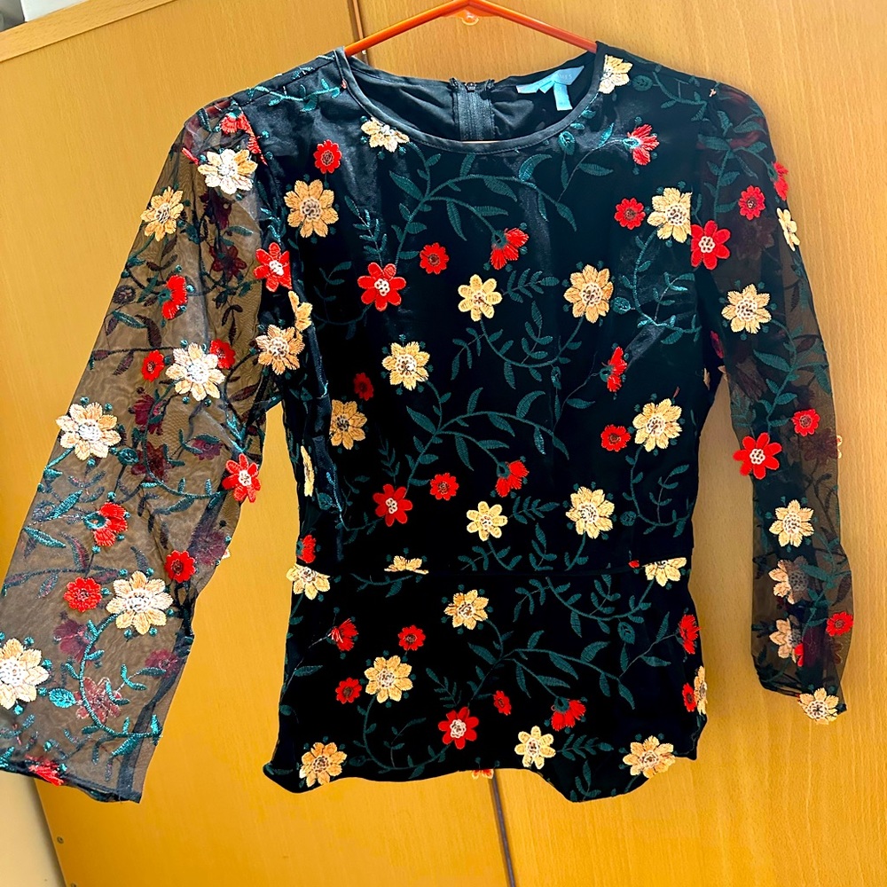 Draper James Black Embellished Floral Blouse RARE